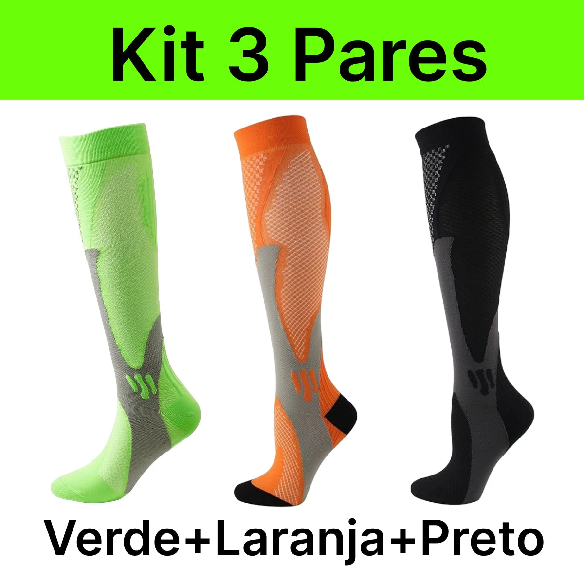 Kit 3 Meias Compressão Esportivas - Ciclismo, Corrida, Alívio de Dores e Cansaço