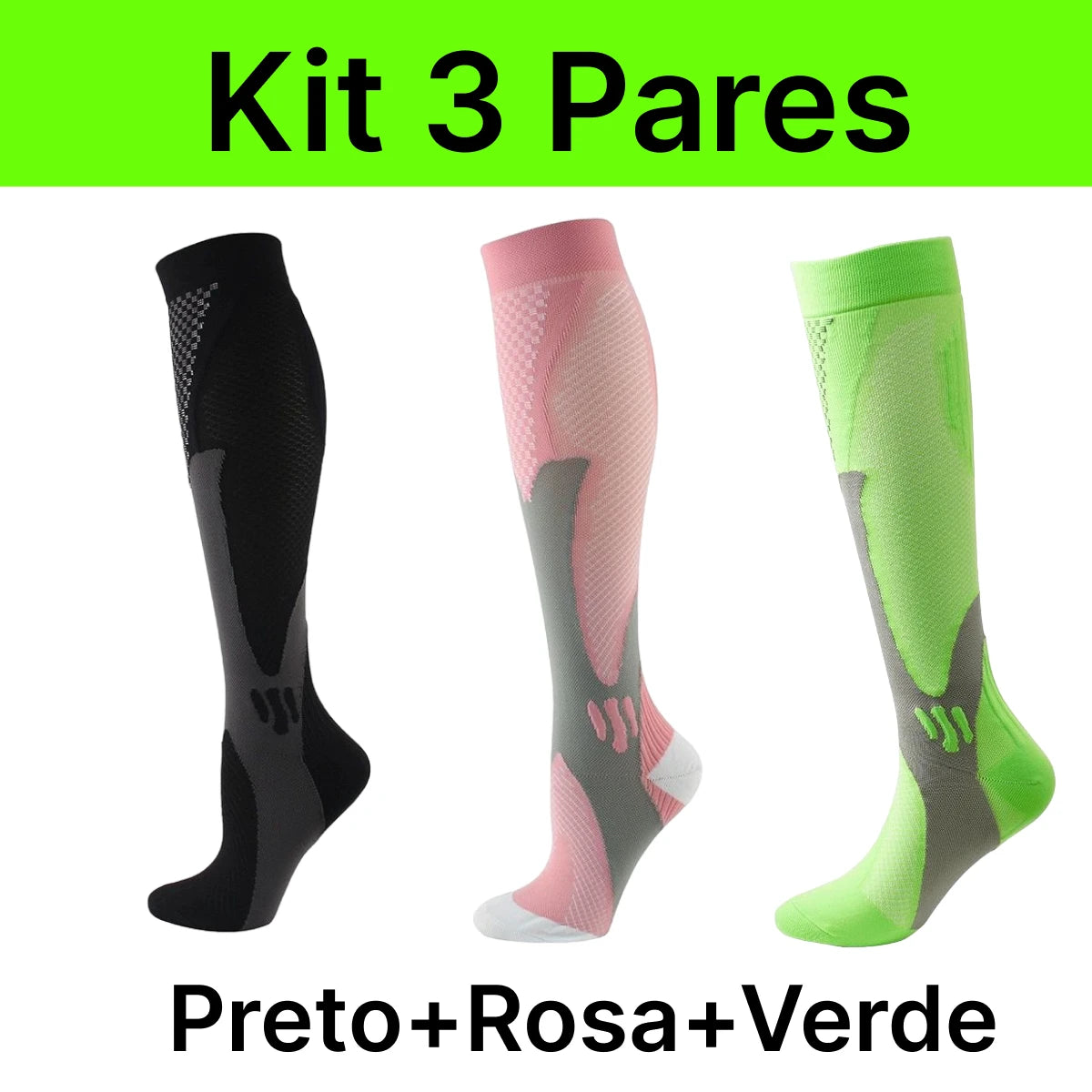 Kit 3 Meias Compressão Esportivas - Ciclismo, Corrida, Alívio de Dores e Cansaço