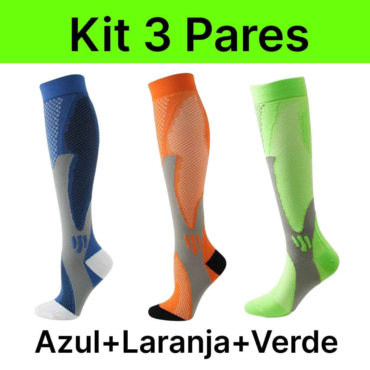 Kit 3 Meias Compressão Esportivas - Ciclismo, Corrida, Alívio de Dores e Cansaço