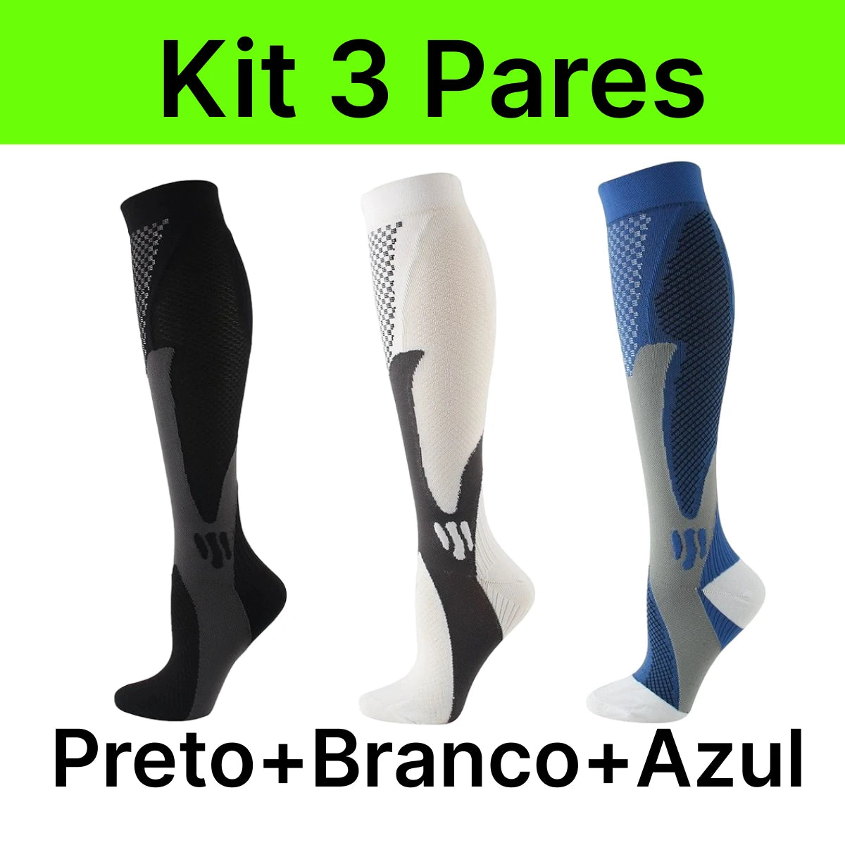 Kit 3 Meias Compressão Esportivas - Ciclismo, Corrida, Alívio de Dores e Cansaço