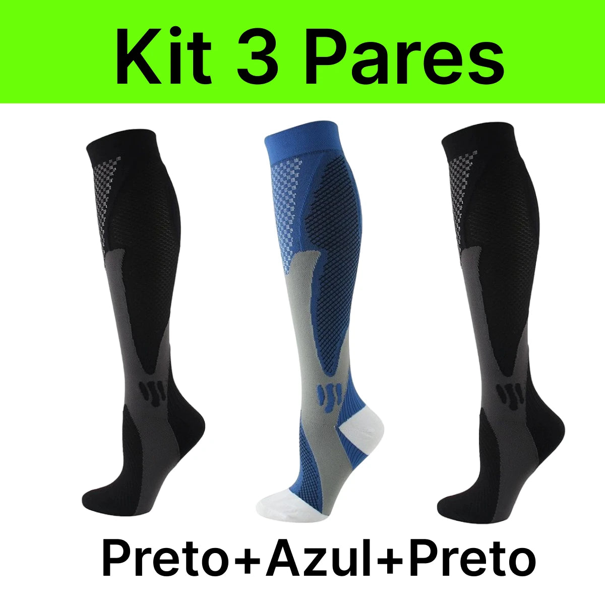 Kit 3 Meias Compressão Esportivas - Ciclismo, Corrida, Alívio de Dores e Cansaço