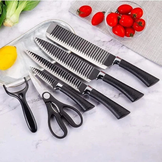 Conjunto de Facas  6 Peças - Faca Chef, Faca para Frutas e Facas de Aço Inoxidável Black Wave