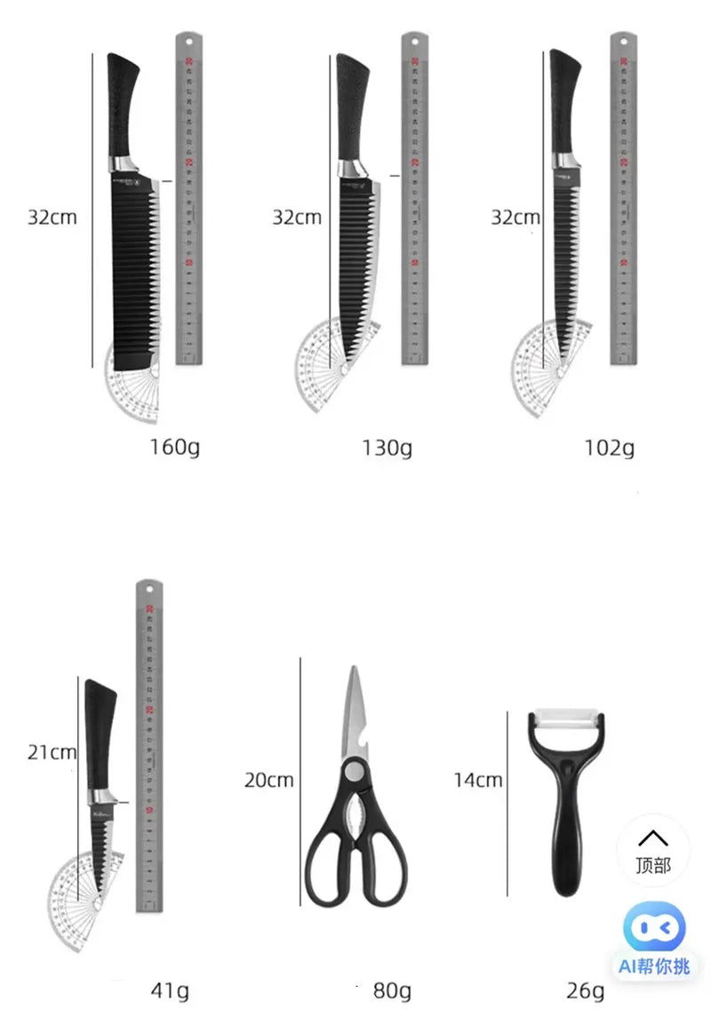 Conjunto de Facas  6 Peças - Faca Chef, Faca para Frutas e Facas de Aço Inoxidável Black Wave